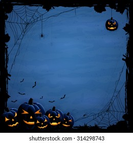 Blue Halloween background with pumpkins and spiders, illustration.