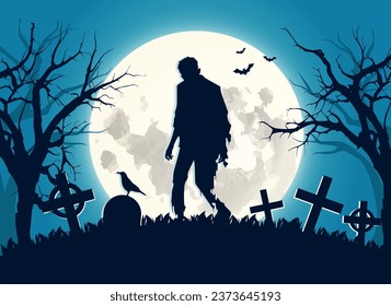 Blue halloween banner with zombie and tombstone. Halloween trick or treat card. Vector stock