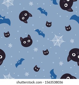 Blue halloween bat and cat vector background pattern