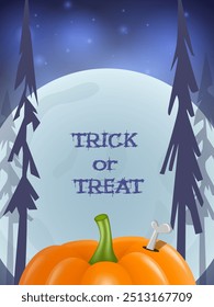 Fondo azul de la tarjeta de Halloween con la calabaza con el hueso, los árboles espeluznantes y la luna grande. Ilustración vectorial