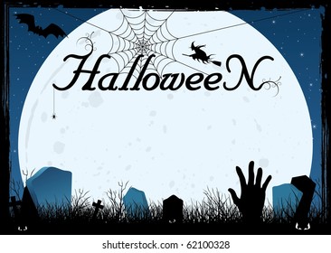 Blue halloween card or cemetery background with hand, bats, tombs, moon, web and witch