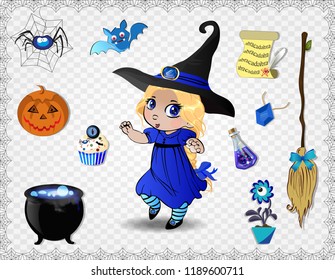 Blue halloween cartoon set of various objects for witches and cute little witch in costume and hat isolated on transparent background. Vector icons, clip art, elements for game or character creation