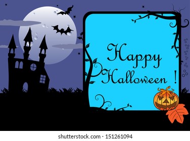 Blue Halloween frame with evil pumpkin, ancient castle, full moon, bats and the text Happy Halloween written inside the frame