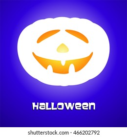 Blue Halloween greeting with white down laughing illuminating pumpkin on a blue background. Face carved into a pumpkin with a smile with teeth
