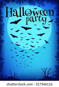 Blue Halloween party background with flying bats and big moon