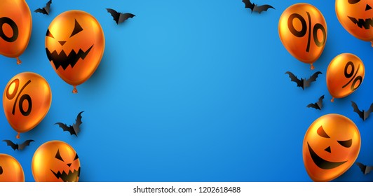 Blue Halloween poster with bats and orange balloons. Holiday sale. Vector background.