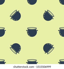 Blue Halloween witch cauldron icon isolated seamless pattern on yellow background. Happy Halloween party.  Vector Illustration