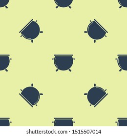 Blue Halloween witch cauldron icon isolated seamless pattern on yellow background. Happy Halloween party.  Vector Illustration