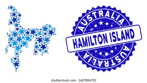 Blue Hamilton Island map collage of stars, and textured rounded seal. Abstract territory plan in blue color tones. Vector Hamilton Island map is formed of blue stars.