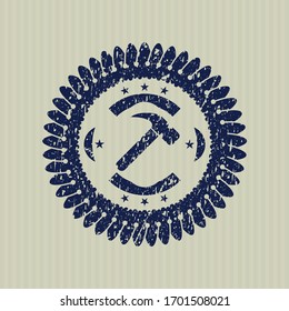 Blue hammer icon inside distress rubber seal with grunge texture