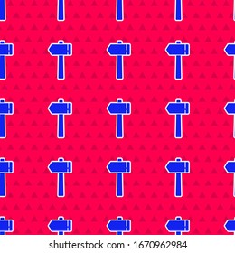 Icono de martillo azul aislado sin fisuras sobre fondo rojo. Herramienta de reparación. Ilustración vectorial