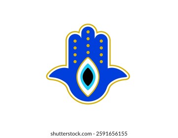 Blue hamsa hand with an eye design and yellow dots for protection and good luck in various cultures.