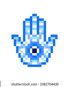 Blue hamsa hand with nazar, pixel art icon isolated on white background. Jewish magic amulet symbol. Religious protection sign. Israel souvenir. Jewelry pendant, defense against the evil eye and curse
