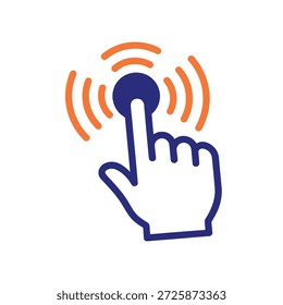 Un ícono de cursor de mano azul está presionando activamente un Botón, indicado por ondas radiantes naranjas.
