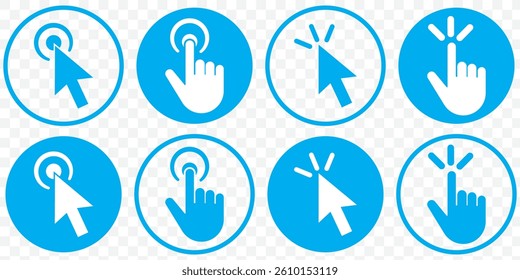 Blue Hand cursor icon set. click icon vector. hand click. pointer. Pointer cursor сomputer mouse icon. Clicking cursor, pointing hand clicks icons. Click cursor. Vector Illustration. EPS 10.