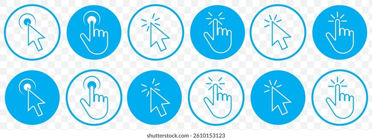 Blue Hand cursor icon set. click icon vector. hand click. pointer. Pointer cursor сomputer mouse icon. Clicking cursor, pointing hand clicks icons. Click cursor. Vector Illustration. EPS 10.