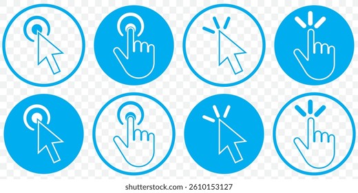 Blue Hand cursor icon set. click icon vector. hand click. pointer. Pointer cursor сomputer mouse icon. Clicking cursor, pointing hand clicks icons. Click cursor. Vector Illustration. EPS 10.