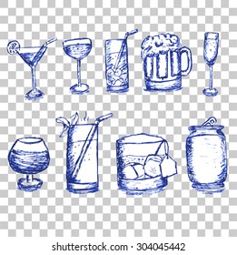 blue hand draw sketch of glasses and can at transparent effect background
