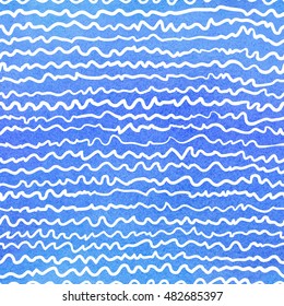 Blue hand drawing watercolor vector seamless background with waves.