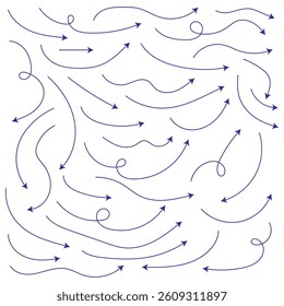 Blue Hand drawn arrow collection. Set of Blue hand drawn arrow element vector. Collection of doodle arrows, lines, symbol, pointing mark. Grunge curved arrows set for business plan, presentation .