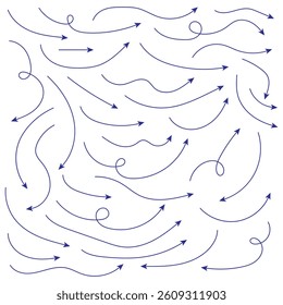 Blue Hand drawn arrow collection. Set of Blue hand drawn arrow element vector. Collection of doodle arrows, lines, symbol, pointing mark. Grunge curved arrows set for business plan, presentation .