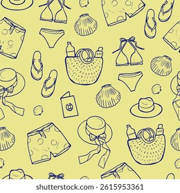 Blue Hand Drawn Beach Items Pattern, Yellow Background, Vacation Design