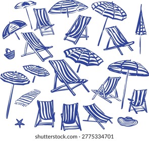 Blue hand drawn beach set with umbrellas deck chairs towels and summer accessories