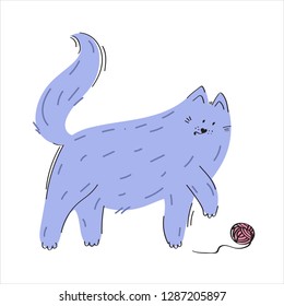 Blue hand drawn cat playing with the ball vector illustration concept. 