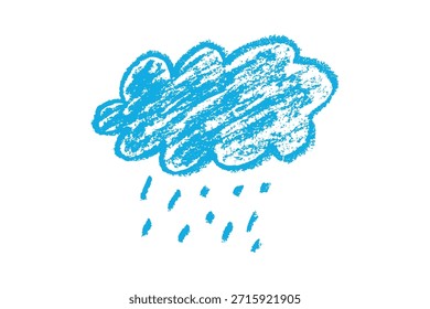 Nube dibujada a mano azul y lluvia con textura de creyón de tiza y cera. Un conjunto juguetón de forma incompleta. Líneas ásperas y Formas audaces