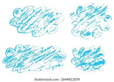 Blue hand drawn clouds with chalk and wax crayon texture. A playful set of sketchy shape. Rough lines and bold shapes