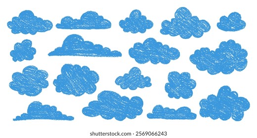 Nuvens desenhadas à mão azul com textura grunge. Desenhos a lápis de nuvens. Ícones de desenhos animados abstratos e nuvens fofas.