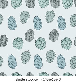Blue hand drawn cones seamless. Natural forest pattern. Vector cones background.