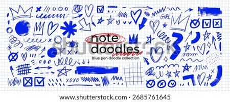 Blue hand drawn crayon doodles, scribbles and note elements. Hand drawn crayon or doodle vector design. Childish drawing, naive emphasis elements. Funky blue pen scribbles for notebook.