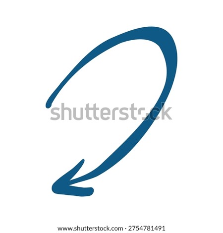 Blue hand drawn curved arrow pointing backward isolated on white background. Doodle arrow icon, navigation symbol, blue hand drawn curved arrow pointing backward isolated on white background