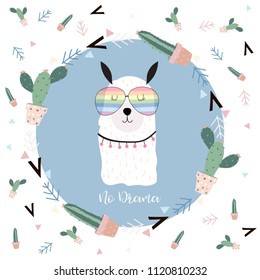 Blue hand drawn cute card with llama,glasses,cactus in summer.No drama