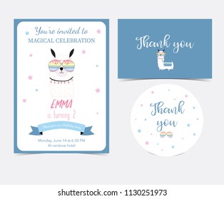 Blue hand drawn cute card with llama and glasses