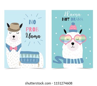 Blue hand drawn cute card with llama, heart glasses and hat in winter.Llama not drama