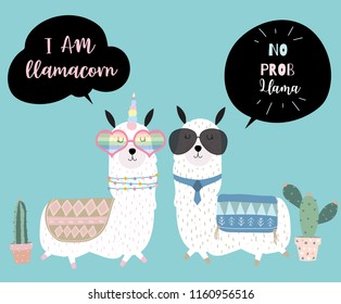 Blue hand drawn cute card with llama, glasses and cactus.No prob llama