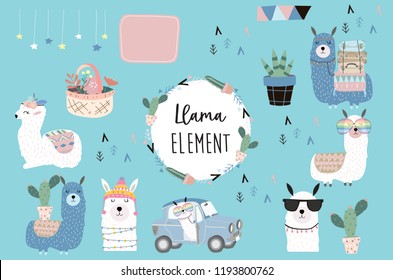 Blue hand drawn cute card with llama, heart glasses and hat in winter christmas.include wording No drama llama,no problem llama