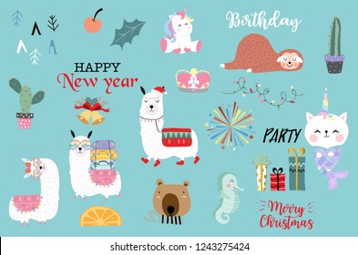 Blue hand drawn cute card with unicorn,sea horse,cactus, bear,sloth,gift and firework.Happy new year.Merry Christmas