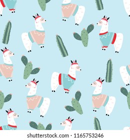 Blue hand drawn cute seamless pattern with llama, glasses,cactus in christmas