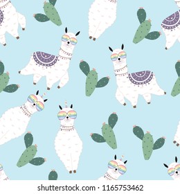 Blue hand drawn cute seamless pattern with llama, glasses,cactus in summer