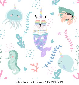 Blue hand drawn cute seamless pattern with llama, glasses,sea horse,mermaid and coral