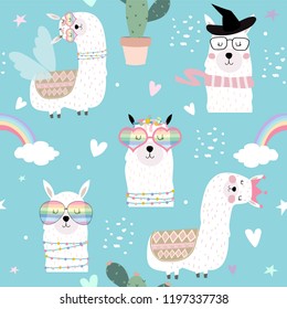 Blue hand drawn cute seamless pattern with llama, glasses,cactus,rainbow and heart