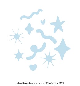 Blue hand drawn decoration elements for party, festival, anniversary, new year. Cut vector icons is olated on white background. Set of different colored stars and ribbons 