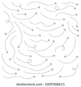 Blue Hand drawn dotted arrows set. Hand drawn different curved. swirls arrows. Curved arrow line. Doodle, sketch style. Blue Dashed arrow set. Vector doodle dot line. Blue Dotted hand drawn arrow. 