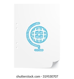 Blue hand drawn Earth Globe illustration on white paper sheet with copy space