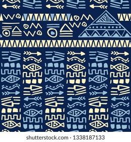 Blue hand drawn ethnic tribal aztec style seamless pattern vector for fashion textile print