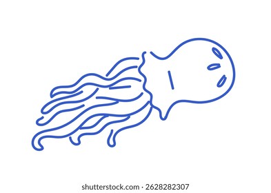 Blue Hand Drawn Jellyfish Illustration. Coastal Line Art. Simple sketch of sea creature. 