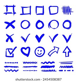Blue hand drawn marker check marks, underline strokes. Pen marking approved signs. Highlighter marker lines, ticks, circles, arrows. Vector set